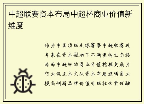 中超联赛资本布局中超杯商业价值新维度