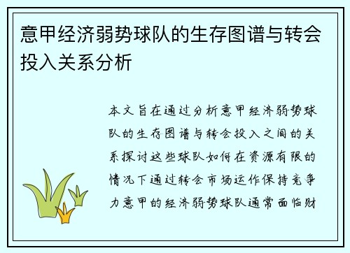 意甲经济弱势球队的生存图谱与转会投入关系分析